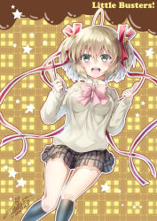 Rule 34 | 1girl, 2017, bad id, bad pixiv id, beige sweater, black socks, blonde hair, bow, cowboy shot, dated, food, green eyes, grey skirt, hair ribbon, kamikita komari, little busters!, looking at viewer, open mouth, pink bow, plaid, plaid background, plaid skirt, pleated skirt, pocky, red ribbon, ribbon, school uniform, short hair, signature, skirt, socks, solo, sweater, tears, twintails, yuihira asu