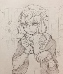 Rule 34 | 1girl, ahoge, bags under eyes, barred window, between fingers, bound, bound wrists, broken bars, bruise, cigarette, collarbone, crack, cracked wall, cuffs, flat chest, graphite (medium), greyscale, handcuffs, hands up, holding, holding cigarette, hood, hood down, hoodie, injury, iron bars, long sleeves, looking at viewer, monochrome, navel, no shirt, open clothes, open hoodie, open mouth, short hair with long locks, smoking, solo, toriniku29, traditional media, upper body, vocaloid, voiceroid, yuzuki yukari