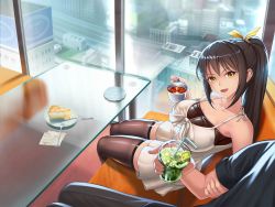 Rule 34 | 1girl, arm grab, artist request, bare shoulders, bench, black hair, blush, breasts, brown eyes, building, city, cup, dessert, dress, food, fork, from above, head tilt, high ponytail, holding, holding cup, hoshino mitsuki (taimanin asagi), indoors, large breasts, legs, legs together, light blush, long hair, looking at another, looking at viewer, open mouth, shiny skin, sitting, table, taimanin (series), thighhighs, thighs, zettai ryouiki