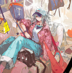 Rule 34 | 1girl, alchemaniac, alternate costume, aqua pants, arknights, bag, ball, baseball cap, basketball (object), black bag, black hat, blue bag, bookshelf, bracelet, closed mouth, couch, expressionless, foot out of frame, grey hair, hair between eyes, hat, highres, indoors, jacket, jewelry, long hair, long sleeves, necklace, on couch, open clothes, open jacket, orca, pants, pink jacket, red bag, red eyes, shirt, skadi (arknights), solo, two-tone headwear, very long hair, white footwear, white hat, white shirt, yellow bag