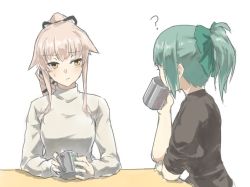 Rule 34 | 2girls, ?, alternate costume, arms on table, black ribbon, black sweater, blush, bow, breasts, closed mouth, commentary request, cup, drinking, elbow rest, eye contact, green bow, green hair, hair between eyes, hair bow, hair flaps, hair ribbon, holding, holding cup, kantai collection, long hair, looking at another, mug, multiple girls, pink hair, ponytail, remodel (kantai collection), ribbon, simple background, sitting, sleeves rolled up, sweat, sweater, table, tsukira (amayadori), turtleneck, turtleneck sweater, upper body, white background, white sweater, yellow eyes, yura (kancolle), yuubari (kancolle)
