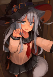 Rule 34 | 1girl, animal ears, black skirt, black thighhighs, blue eyes, blush, cat ears, cat tail, hair between eyes, hair ornament, hairclip, halloween, halloween costume, happy halloween, hat, hibiki (kancolle), highres, kantai collection, long hair, long sleeves, looking at viewer, neckerchief, open mouth, pleated skirt, reitou mikan, sailor collar, school uniform, serafuku, silver hair, skirt, tail, thighhighs, witch hat