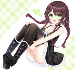 Rule 34 | 1girl, :d, ass, bare arms, bare shoulders, black collar, black dress, black thighhighs, blush, boots, braid, breasts, brown hair, cleavage, collar, collarbone, commission, dress, frilled footwear, green eyes, hair between eyes, hair ornament, heart, heart hair ornament, highres, knees up, long hair, low twintails, medium breasts, open mouth, original, plaid, plaid background, shikito (yawa0w0), skeb commission, sleeveless, sleeveless dress, smile, solo, thighhighs, thighhighs under boots, twin braids, twintails, very long hair, white background