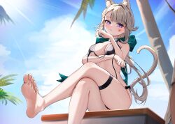 Rule 34 | 1girl, absurdres, animal ears, bare legs, bare shoulders, barefoot, bikini, black bikini, blue sky, breasts, cat ears, cat tail, choker, cloud, commentary request, crossed legs, day, facial mark, feet, foot out of frame, from below, genshin impact, grey hair, hand up, head tilt, highres, large breasts, long hair, looking at viewer, lynette (genshin impact), outdoors, palm tree, purple eyes, radoremo, sitting, sky, soles, solo, star (symbol), stomach, sunlight, swimsuit, tail, thigh strap, thighs, toes, tree, very long hair