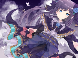 Rule 34 | 1girl, animal, arcaea, black bow, black hair, black skirt, blue eyes, blue flower, bow, bug, butterfly, center frills, closed mouth, codename jaroa, commentary request, dutch angle, flower, frilled skirt, frills, hair bow, hair flower, hair ornament, highres, insect, long hair, long sleeves, looking at viewer, puffy long sleeves, puffy sleeves, purple flower, red bow, shirt, skirt, solo, tairitsu (arcaea), tairitsu (grievous lady) (arcaea), very long hair, white shirt