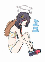 Rule 34 | 1girl, ahoge, appleq, bare arms, bare legs, bare shoulders, bikini, black footwear, black hair, blue archive, braid, character name, commentary, crocs, flat chest, from side, frown, full body, hair over shoulder, halo, hat, hat on back, highres, hugging own legs, leaf, leaf on head, leaf print, long hair, looking at viewer, messy, miyu (blue archive), miyu (swimsuit) (blue archive), official alternate costume, print bikini, red eyes, simple background, sitting, solo, starfish, straw hat, swimsuit, translated, white background, white bikini
