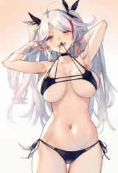 Rule 34 | 1girl, antenna hair, armpits, arms up, azur lane, bikini, black bikini, breasts, brown eyes, choker, collarbone, commentary request, covered erect nipples, cross, cross earrings, earrings, flag print, german flag bikini, gluteal fold, gradient background, grin, groin, hands in hair, head tilt, jewelry, large breasts, long hair, looking at viewer, mole, mole on breast, mouth hold, multi-strapped bikini bottom, multi-strapped bikini top, multicolored hair, navel, necklace, prinz eugen (azur lane), prinz eugen (unfading smile) (azur lane), red hair, side-tie bikini bottom, sidelocks, silver hair, simple background, skindentation, smile, solo, stomach, streaked hair, swept bangs, swimsuit, two side up, u jie