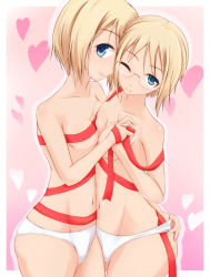 Rule 34 | 2girls, blonde hair, blue eyes, erica hartmann, glasses, gradient background, heart, height difference, malmi, multiple girls, no bra, panties, panties only, pink background, ribbon, siblings, sisters, smile, strike witches, strike witches: suomus misfits squadron, topless, twins, underwear, underwear only, ursula hartmann, white panties, world witches series, yuri