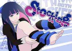 Rule 34 | 10s, 1girl, babane8, barefoot, blue eyes, blue hair, bow, colored inner hair, feet, gothic lolita, hair bow, leg warmers, lolita fashion, long hair, matching hair/eyes, multicolored hair, panty &amp; stocking with garterbelt, sitting, smile, solo, stocking (psg), striped, thighhighs, thighhighs pull