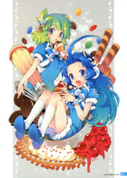 Rule 34 | 2girls, :d, absurdres, blue hair, cherry, cookie, cupcake, food, food on face, fruit, green eyes, green hair, highres, ice cream, ice cream cone, licking, long hair, multiple girls, nardack, open mouth, original, short hair, smile, socks, spoon, tongue, white socks