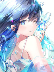 Rule 34 | 1girl, bare shoulders, black hair, blue eyes, blue hair, blue nails, blush, bottle, commentary request, dress, from behind, hair between eyes, hand up, holding, holding bottle, kagachi saku, long hair, looking at viewer, looking back, multicolored hair, nail polish, one eye closed, original, parted lips, ramune, see-through, signature, simple background, sleeveless, sleeveless dress, solo, two-tone hair, water drop, watermark, web address, white background, white dress