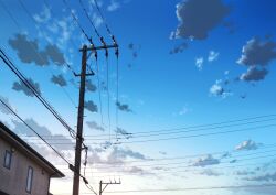 Rule 34 | anyotete, blue sky, building, cloud, commentary request, dawn, highres, house, morning, no humans, original, outdoors, power lines, scenery, sky, utility pole, window