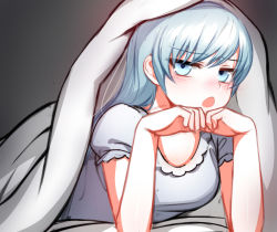 Rule 34 | 1girl, blue eyes, blush, highres, long hair, looking at viewer, ndgd, open mouth, pajamas, rwby, scar, scar across eye, scar on face, solo, under covers, weiss schnee, white hair