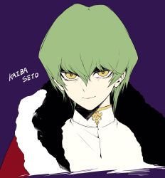 Rule 34 | 1boy, bad id, bad twitter id, closed mouth, fur trim, green hair, hair between eyes, highres, jacket, kaiba seto, looking at viewer, male focus, maruchi, purple background, simple background, smile, solo, white jacket, yellow eyes, yu-gi-oh!