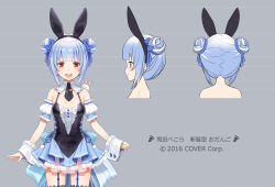 Rule 34 | 1girl, :d, animal, animal ears, animal on shoulder, blue bow, blue hair, bow, breasts, detached sleeves, don-chan (usada pekora), double bun, fake animal ears, garter straps, hair bow, hair bun, hikosan, hololive, looking at viewer, multicolored hair, multiple views, necktie, open mouth, puffy short sleeves, puffy sleeves, rabbit ears, red eyes, short hair, short necktie, short sleeves, sleeves past wrists, small breasts, smile, standing, thick eyebrows, two-tone hair, usada pekora, usada pekora (furi furi bunny dress), virtual youtuber, white hair