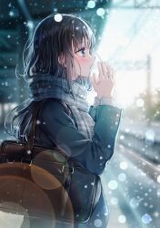 Rule 34 | 1girl, bag, blue eyes, blush, highres, holding, long hair, looking away, open mouth, original, outdoors, own hands together, plaid, plaid scarf, sakura (39ra), scarf, school bag, school uniform, snowing, solo, steam, train station, winter, winter clothes