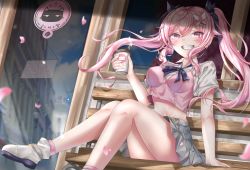 Rule 34 | 1girl, bare legs, bow, breasts, byeoljagga, cherry blossoms, crop top, crop top overhang, cup, disposable cup, grey skirt, grin, hair bow, highres, holding, indie virtual youtuber, long hair, looking at viewer, medium breasts, midriff, miniskirt, pink eyes, pink hair, pink shirt, pleated skirt, ronarona, shirt, shoes, short sleeves, sidelocks, skirt, smile, socks, solo, thighs, twintails, undershirt, virtual youtuber, white shirt