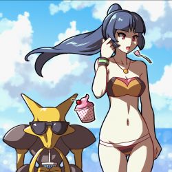 Rule 34 | 1girl, akairiot, alakazam, arm at side, black hair, blunt bangs, bracelet, breasts, cleavage, cloud, commentary, creatures (company), day, food, game freak, gen 1 pokemon, hand up, highres, jewelry, long hair, navel, necklace, nintendo, open mouth, outdoors, pink eyes, pokemon, pokemon (creature), pokemon frlg, sabrina (pokemon), sky, spoon, sunglasses, swimsuit, telekinesis, thigh gap, tongue