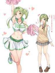 Rule 34 | 1girl, ;d, absurdres, alternate costume, amagi (amagi626), arm up, armpits, blush, breasts, brown vest, cheerleader, commentary request, crop top, dress shirt, full body, green eyes, green hair, green hairband, hairband, highres, impossible clothes, impossible shirt, looking at viewer, medium breasts, medium hair, miniskirt, multiple views, one eye closed, open mouth, paid reward available, pom pom (cheerleading), presenting armpit, school uniform, shirt, short hair with long locks, side ponytail, sidelocks, skirt, sleeveless, sleeveless shirt, smile, sweat, sweater vest, teireida mai, touhou, translation request, vest, white shirt, white skirt