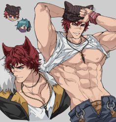 Rule 34 | 2boys, abs, animal ears, aphelios, armband, bara, bare pectorals, beanie, blue eyes, blue hair, cat ears, chibi, chibi inset, clothes lift, denim, fur-trimmed jacket, fur trim, grey background, hat, headset, heartsteel (league of legends), heartsteel sett, highres, holding, holding clothes, holding hat, jacket, jeans, jewelry, large pectorals, league of legends, male focus, male underwear, mask, mouth mask, multiple boys, multiple views, muscular, muscular male, navel, necklace, nipples, open pants, pants, pectorals, red eyes, red hair, ronpu cooing, scar, scar on face, scar on nose, sett (league of legends), short hair, smile, solo focus, tank top, thick eyebrows, underwear, veins, white tank top