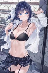 Rule 34 | 1girl, arm up, armpits, black bra, black hair, black panties, black skirt, blue eyes, blush, bra, breasts, chain-link fence, cleavage, closed mouth, clothes lift, collarbone, commentary, fence, garter straps, hair ribbon, highres, long hair, long sleeves, looking at viewer, medium breasts, meen (ouaughikepdvrsf), navel, open clothes, open shirt, original, panties, plaid, plaid skirt, pleated skirt, ribbon, school, school uniform, shirt, skirt, skirt lift, solo, standing, stomach, underwear, white shirt, wind, wind lift