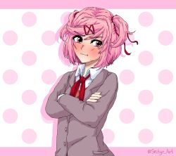 Rule 34 | 1girl, absurdres, blush, bow, breasts, closed mouth, collared shirt, crossed arms, doki doki literature club, hair ribbon, highres, looking away, natsuki (doki doki literature club), pink background, pink eyes, pink hair, polka dot, polka dot background, puffy cheeks, puffy cheeks, ribbon, seityr, shirt, short hair, solo, twitter username, two side up, upper body, wavy mouth, white shirt
