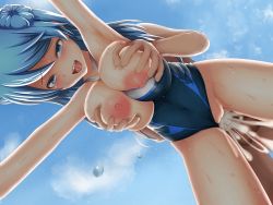 Rule 34 | 10s, 1boy, 1girl, alphe, bad id, bad pixiv id, blue eyes, blue hair, blue sky, grabbing another&#039;s breast, breasts, breasts out, clothed sex, cloud, competition swimsuit, cum, cum in pussy, cumdrip, day, double bun, drooling, from below, grabbing, grabbing from behind, hat, hetero, kantai collection, large breasts, nipples, one-piece swimsuit, open mouth, outdoors, penis, sailor hat, sex, sky, solo focus, swimsuit, torogao, uncensored, urakaze (kancolle)