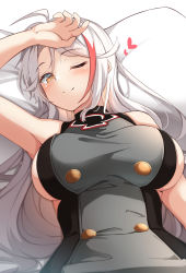Rule 34 | 1girl, ;), absurdres, ahoge, arm up, azur lane, bare shoulders, blush, breasts, closed mouth, dress, grey dress, heart, highres, large breasts, long hair, looking at viewer, lying, moyoron, multicolored hair, on back, one eye closed, orange eyes, parted bangs, pillow, prinz eugen (azur lane), red hair, sideboob, sleeveless, sleeveless dress, smile, solo, streaked hair, very long hair, white background, white hair
