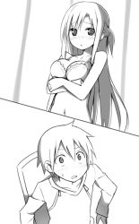 Rule 34 | 10s, 1boy, 1girl, :o, asuna (sao), bare shoulders, blush, bra, breasts, cleavage, crossed arms, greyscale, kirito, lace, lace-trimmed bra, lace trim, large breasts, lineart, long hair, looking at viewer, monochrome, navel, sky-freedom, sweatdrop, sword art online, underwear