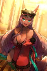 Rule 34 | 1girl, :d, animal ears, bare shoulders, blue eyes, breasts, cleavage, coin, dark-skinned female, dark skin, eyeliner, fang, fate/grand order, fate (series), gold bar, hat, highres, hsin, jacket, kneeling, large breasts, long hair, looking at viewer, makeup, off shoulder, open mouth, purple hair, queen of sheba (dollar-cent shop) (fate), queen of sheba (fate), smile, solo, tail, very long hair, wolf ears, wolf tail