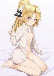 Rule 34 | 10s, 1girl, barefoot, blonde hair, blue eyes, breasts, full body, gradient background, highres, iris (takunomi), long hair, looking at viewer, naked shirt, navel, open clothes, open shirt, original, pointy ears, ponytail, shirt, simple background, sitting, sleeves past wrists, small breasts, smile, solo, takunomi, wariza