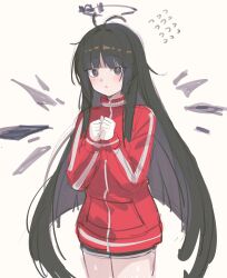 Rule 34 | 1girl, absurdres, arknights, black hair, black shorts, blush, brown background, brown eyes, commentary request, detached wings, flying sweatdrops, halo, highres, jacket, long hair, long sleeves, looking at viewer, own hands together, parted lips, puffy long sleeves, puffy sleeves, red jacket, shorts, simple background, sketch, sleeves past wrists, solo, standing, sweat, track jacket, very long hair, virtuosa (arknights), wings, zapik