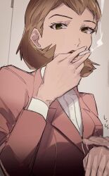 Rule 34 | 1girl, biiko (king1015g), breasts, brown eyes, brown hair, cigarette, collared shirt, commentary, highres, holding, holding cigarette, jacket, lipstick, long sleeves, looking at viewer, makeup, parted lips, persona, persona 3, pink jacket, shirt, short hair, simple background, smoke, smoking, solo, toriumi isako, upper body, white shirt