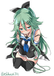 Rule 34 | 1girl, black thighhighs, blush, bow, bow panties, breasts, closed mouth, commentary request, covering crotch, covering privates, duplicate, ebifurya, from above, full body, green eyes, green hair, hair between eyes, hair bow, hair ornament, hairclip, highres, kantai collection, long hair, looking at viewer, neckerchief, panties, school uniform, side-tie panties, simple background, sitting, small breasts, solo, striped clothes, striped panties, tearing up, tears, thighhighs, twitter username, underwear, unworn panties, very long hair, white background, yamakaze (kancolle), yokozuwari
