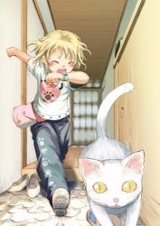 Rule 34 | 1girl, bag, belt pouch, beltbag, blonde hair, cat, child, original, pouch, running, shoes, smile, sody, solo, unworn shoes
