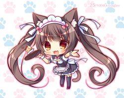 Rule 34 | 1girl, :d, animal ear fluff, animal ear legwear, animal ears, bell, black dress, black thighhighs, blush, bow, breasts, brown eyes, brown hair, cake, cake slice, cat ear legwear, cat ears, cat girl, cat tail, chibi, chocola (nekopara), collared dress, commentary request, dress, food, frilled dress, frills, fruit, full body, heart, holding, holding tray, jingle bell, long hair, maid headdress, medium breasts, nekopara, open mouth, outstretched arm, paw print, paw print background, pink bow, puffy short sleeves, puffy sleeves, red footwear, ryuuka sane, shirt, shoes, short sleeves, sleeveless, sleeveless dress, smile, solo, standing, strawberry, tail, thighhighs, tray, twintails, uniform, very long hair, waitress, white background, white shirt, wrist cuffs