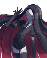 Rule 34 | 1other, absurdres, black gloves, black hair, black necktie, bort, closed mouth, elbow gloves, gem uniform (houseki no kuni), gloves, highres, houseki no kuni, long hair, looking at viewer, multicolored hair, necktie, nedoco, other focus, pale skin, puffy short sleeves, puffy sleeves, red hair, short sleeves, simple background, solo, thighhighs, two-tone hair, very long hair, white background