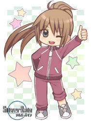 Rule 34 | ;d, brown hair, checkered background, chibi, copyright name, jersey, kurarin, long hair, looking at viewer, lowres, one eye closed, open mouth, ponytail, shimozuki kaname, silver rain, sleeves rolled up, smile, solo, standing, star (symbol), thumbs up, track suit, wink, zipper