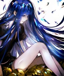 Rule 34 | 1other, androgynous, blue eyes, blue hair, blunt bangs, colored eyelashes, colored skin, crystal hair, gem uniform (houseki no kuni), gold, highres, hime cut, houseki no kuni, lapis lazuli (houseki no kuni), long hair, necktie, sitting, smile, solo, thighs, white skin
