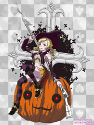 Rule 34 | 10s, 1girl, 2011, :3, blonde hair, blush, body blush, breasts, checkered background, dated, gun, halloween, happy halloween, hat, highres, jack-o&#039;-lantern, kimishin, large breasts, long hair, magical musket, mahou shoujo madoka magica, mahou shoujo madoka magica (anime), smile, solo, tomoe mami, watermark, weapon, witch hat, yellow eyes