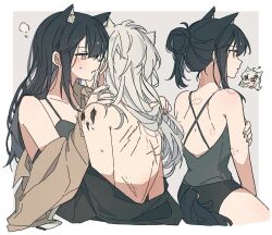 Rule 34 | 2girls, animal ear fluff, animal ears, arknights, bare shoulders, bite mark, bite mark on arm, bite mark on back, bite mark on neck, bite mark on shoulder, black hair, blush, breasts, brown jacket, extra ears, finger to mouth, grey background, grey hair, hair between eyes, hair bun, hand on own face, holding, jacket, lappland (arknights), long hair, material growth, medium breasts, multiple girls, off shoulder, one eye closed, open clothes, open jacket, open mouth, orange eyes, oripathy lesion (arknights), scar, scar across eye, scar on back, scar on face, seri (vyrlw), short hair, simple background, single hair bun, sitting, smile, sweat, tail, texas (arknights), two-tone background, underwear, white background, wolf ears, wolf girl, wolf tail, yuri