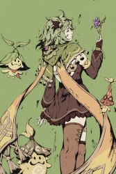 Rule 34 | 1girl, absurdres, akramness, brown dress, brown sleeves, brown thighhighs, capelet, collei (genshin impact), commentary, detached sleeves, dress, feet out of frame, floating, flower, full body, genshin impact, gold trim, green background, green capelet, green hair, highres, holding, holding flower, hood, hooded capelet, medium hair, pink lips, purple flower, simple background, smile, solo, strapless, strapless dress, tassel, thighhighs, yellow eyes