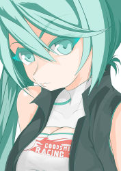 Rule 34 | 1girl, flat color, gaixas1, goodsmile racing, green eyes, green hair, hatsune miku, highres, matching hair/eyes, simple background, solo, upper body, vocaloid, white background
