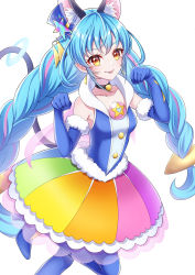 Rule 34 | 1girl, :p, animal ear fluff, animal ears, black choker, blue gloves, blue hair, blue hat, blue legwear, braid, brooch, cat ears, cat tail, choker, collarbone, cure cosmo, elbow gloves, gloves, hat, highres, jewelry, long hair, looking at viewer, magical girl, mini hat, multicolored clothes, multicolored skirt, paw pose, pointy ears, precure, sakunagita, simple background, skirt, smile, solo, standing, standing on one leg, star twinkle precure, tail, tongue, tongue out, twin braids, twintails, white background, yellow eyes, yuni (precure)