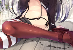 Rule 34 | 10s, 1girl, amatsukaze (kancolle), bad id, bad pixiv id, black panties, black shirt, chain, close-up, flower, kantai collection, kobayashi chisato, long hair, long sleeves, lower body, navel, on floor, panties, red thighhighs, shirt, side-tie panties, silver hair, sitting, solo, stomach, striped clothes, striped thighhighs, thighhighs, underwear, white flower, wooden floor