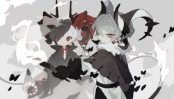 Rule 34 | 2boys, antlers, artist logo, artist name, black capelet, black coat, black gloves, black horns, capelet, closed mouth, coat, collared coat, collared shirt, creature, curled horns, earrings, fiery tail, fire, fur-trimmed capelet, fur collar, fur trim, gloves, grey background, grey hair, hair between eyes, hand up, highres, holding, holding torch, horn piercing, horns, jewelry, long sleeves, looking at viewer, male focus, multiple boys, multiple horns, onotsuki w2, original, pink eyes, pointy ears, red eyes, red horns, red shirt, shirt, short hair, smile, standing, tail, torch, twitter username, upper body, white fire, white hair