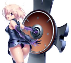 Rule 34 | 1girl, armor, armored dress, ass, bare shoulders, black dress, blush, breasts, dress, elbow gloves, fate/grand order, fate (series), gloves, hair over one eye, large breasts, light purple hair, looking at viewer, looking back, mash kyrielight, purple eyes, purple gloves, shield, short hair, simple background, smile, solo, thighs, white background, zen