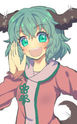 Rule 34 | 1girl, animal ears, dog ears, dog girl, dog tail, dress, green eyes, green hair, highres, kasodani kyouko, long sleeves, looking at viewer, motion lines, nayozane (worker7), open mouth, pink dress, short hair, simple background, solo, tail, tail wagging, teeth, touhou, upper body, upper teeth only, white background