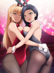 Rule 34 | 2girls, animal ears, ass, bare shoulders, black leotard, bow, bowtie, breast press, breasts, closed mouth, detached collar, fake animal ears, fake tail, feet out of frame, female focus, gloves, groin, highres, indoors, kaiga, large breasts, legs, leotard, long hair, looking at viewer, looking back, multiple girls, open mouth, orange hair, original, pantyhose, playboy bunny, purple hair, rabbit ears, rabbit tail, red eyes, red leotard, red neckwear, smile, tail, thighs, wrist cuffs, yellow eyes
