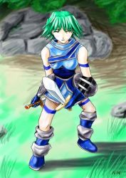 Rule 34 | .hack//, .hack//games, 1girl, arm garter, bandai, boots, breasts, bridal garter, closed eyes, cyber connect 2, dual wielding, gloves, grass, green hair, hack, holding, natsume (.hack//), outdoors, shield, short hair, solo, sword, thigh strap, weapon